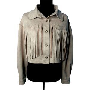 Womens Camel Fringe Cropped Button Down Jacket - L Festival Boho Western Concert